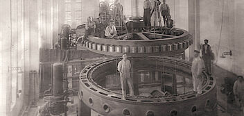JPG: Historisches Bild von den Maschinen im Wasserkraftwerk Öpfingen